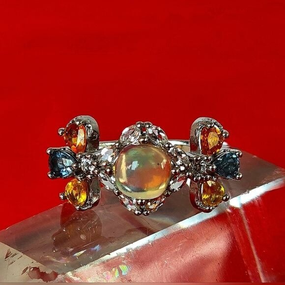 Natural Fire Opal 6mm, Sapphire, Topaz 925 Sterling Silver Jewelry Ring Sz 6.75 - Picture 5 of 7
